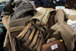 A TRAY OF MILITARY STYLE ITEMS TO INCLUDE A LEATHER GUN HOLSTER ETC