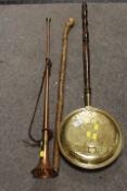 A BRASS AND COPPER HUNTING HORN, WALKING STICK AND A WARMING PAN (3)