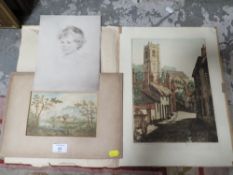 A SMALL ANTIQUE WATERCOLOUR TOGETHER WITH A SKETCH OF A CHILD AND AN ENGRAVING (3)