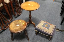 A SMALL POKERWORK THREE LEG STOOL, AN EDWARDIAN SMALL STOOL AND A REPRODUCTION WINE TABLE (3)