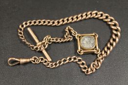 A 9CT ROSE GOLD GRADUATED ALBERT CHAIN WITH BLOODSTONE AND COMPASS FOB A/F - APPROX WEIGHT 36.1 G