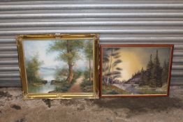 A GILT FRAMED OIL ON CANVAS OF A RIVERSIDE COTTAGE SCENE SIGNED LOWER RIGHT TOGETHER WITH A BOB WARD