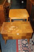 A VINTAGE SEWING BOX A/F TOGETHER WITH THREE OCCASIONAL TABLES (4)