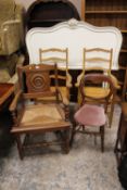 AN OAK WICKERSEAT ARMCHAIR, TWO PINE ARMCHAIRS AND A BALLOON BACK CHAIR (4)