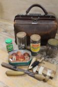 A SMALL VINTAGE GLADSTONE BAG AND CONTENTS