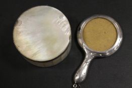A SMALL HALLMARKED SILVER ANTIQUE MIRROR A/F AND A WHITE METAL & M.O.P. BOX