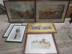 FOUR FRAMED AND GLAZED HUNTING THEME PRINTS TOGETHER WITH TWO FRAMED AND GLAZED SPY PRINTS
