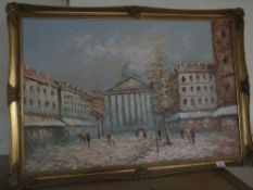 A GILT FRAMED OIL ON CANVAS OF A PARISIAN STYLE SCENE