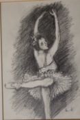 A FRAMED AND GLAZED PENCIL STUDY OF A BALLERINA - INITIALED LOWER LEFT L.K
