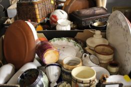 TWO TRAYS OF ASSORTED CERAMICS ETC TO INCLUDE SLIPWARE STYLE EXAMPLES