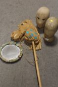 TWO VITNAGE MANNEQUIN HEADS / WIG STANDS TOGETHER WITH A MIRROR AND A HOBBY HORSE