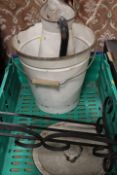 A VINTAGE ENAMEL BUCKET, JUG ETC