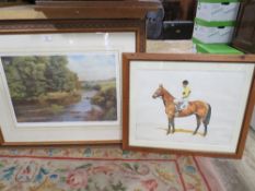 A FRAMED AND GLAZED SIGNED LIMITED EDITION PRINT OF A FLY FISHERMAN TOGETHER WITH A FRAMED AND