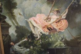 A GILT FRAMED OIL ON BOARD OF A LADY ON A SWING IN THE GARDEN - SIGNED LOWER RIGHT