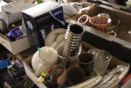 FOUR TRAYS OF CERAMICS AND GLASS TO INCLUDE A NOVELTY DUCK TEAPOT