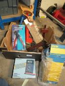 A SELECTION OF WOODWORKING TOOLS, HARDWARE AND ELECTRICAL TESTER