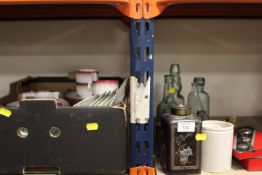 A COLLECTION OF VINTAGE GLASS BOTTLES TO INCLUDE AN ORIENTAL WHITE METAL CANISTER