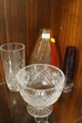 A MULTICOLOURED GLASS TEARDROP VASE, CUT GLASS BOWL ETC (4)