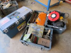 A LARGE PLASTIC TOOLBOX TOGETHER WITH THREE TRAYS IF VARIOUS TOOLS, HARDWARE AND POWER TOOLS