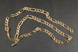 A YELLOW METAL NECKLACE WITH 9CT GOLD HALLMARKS TO CONNECTION LINK AND FASTENER STAMPED 9k