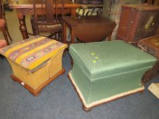 TWO ANTIQUE VICTORIAN MAHOGANY FRAMED STOOLS TOGETHER WITH A LATER MAHOGANY TROLLEY (3)