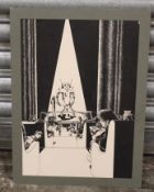 A PEN AND INK FUTURISTIC ILLUSTRATION OF A ROBOT ON A STAGE