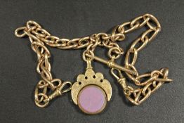 A MENS ANTIQUE YELLOW METAL POCKET WATCH DOUBLE ALBERT CHAIN WITH FOB