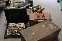 AN ELECTRIC SINGER SEWING MACHINE, BUSH RADIO AND A TRAY OF SUNDRIES