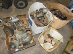FOUR BOXES CONTAINING VARIOUS OLD CAR PARTS, TWO STROKE ENGINES ETC