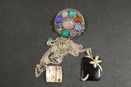 TWO HALLMARKED SILVER PENDANT NECKLACES AND SILVER & HARDSTONE BROOCH