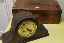 A LARGE TUNBRIDGE STYLE WRITING SLOPE TOGETHER WITH A MANTLE CLOCK (2)