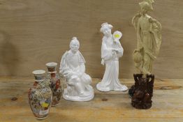 A WHITE CERAMIC FIGURE OF A SAMURAI, CARVED HARDWOOD FIGURE ETC