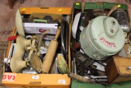 TWO TRAYS OF ASSORTED KITCHENALIA TO INCLUDE SCALES ETC