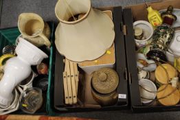 THREE TRAYS OF ASSORTED CERAMICS ETC TO INCLUDE STORAGE JARS AND A RUMTOPF JAR