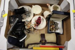 A SMALL TRAY OF COLLECTABLES TO INCLUDE A VINTAGE WHISTLE, CUFFLINKS ETC