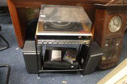 A FERGUSON RECORD PLAYER WITH STAND AND MATCHING SPEAKERS TOGETHER WITH A BOX OF CASSETTES