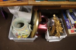 TWO BOXES TO INCLUDE MIRROR, VASES, PLANTERS, CHESS BOARD AND CURTAIN TIE BACK HOLDERS