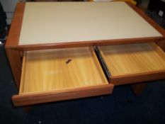 A MODERN LEATHER INLAID TWO DRAWER DESK (FOYER)