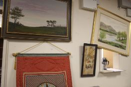 3 PICTURES TOGETHER WITH A SCROLL WALL HANGING