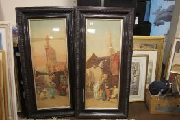 A PAIR OF WOODEN FRAMED PICTURES 126 X 63 CM ORIENTAL STREET SCENES