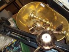 PAIR OF BRASS CANDLESTICKS, ASHTRAY AND BRASS WEIGHING SCALES BOWL TOGETHER WITH A HK232 TRIPOD