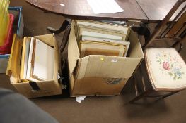 TWO BOXES OF PICTURES TOGETHER WITH A VINTAGE HALL CHAIR