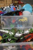 TWO LARGE TRAYS OF CHILDRENS TOYS - DINOSAURS, ROBOTS, IMAGINE X ETC