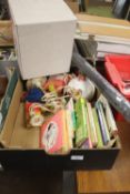 A BOX OF ODDMENTS TO INCLUDE AND UMBRELLA BOOKS, CANDELABRA, VINTAGE TOYS ETC