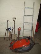 A SELECTION OF TOOLS TO INLCUDE AN ALUMINIUM LADDERS, GARDEN TOOLS AND A FLYMO HOVER MOWER