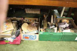 FOUR TRAYS OF ODDS TO INCLUDE REGENT BINOCULARS, GLASS WARE, UMBRELLAS, PICTURES AND PIG ORNAMENTS