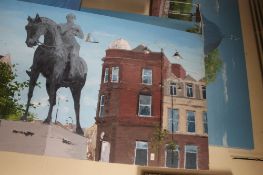 FOUR LARGE OILS ON BOARD VIEWS OF WOLVERHAMPTON, TO INCLUDE MAN OF HORSE, PARK BANDSTAND A/F
