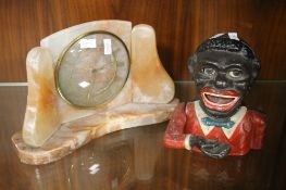 A MARBLE STROKE ONYX MANTLE CLOCK TOGETHER WITH A METAL MONEY BOX