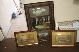 AN OAK FRAMED GYPSY MIRROR WITH BEVEL EDGE CENTRE MIRROR AND TWO VINTAGE LADY PANELS TO CENTRE