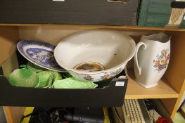 A LARGE JUG AND BOWL A LARGE RIDGEWAY BLUE/WHITE MEAT PLATE TOGETHER WITH A BOX OF GREEN EMPIRE WARE